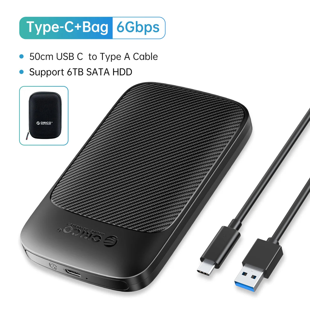 ORICO 2.5" USB 3.1 Type-C HDD/SSD Enclosure - 6Gbps Portable Hard Drive Case - 40