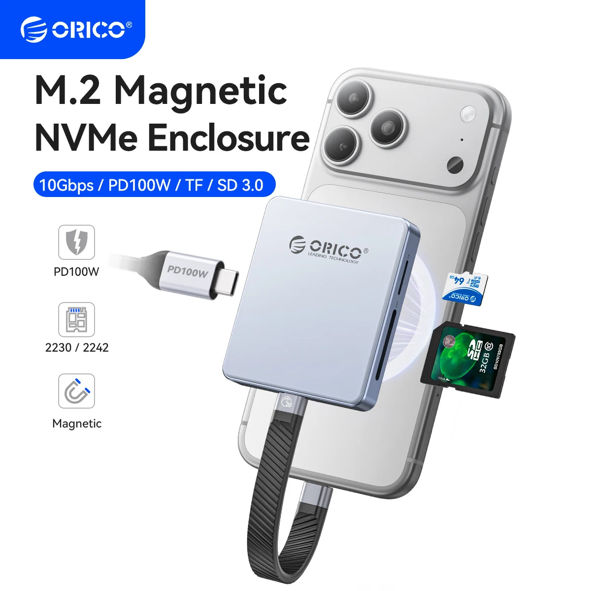 Magnetic NVMe M.2 SSD Enclosure for iPhone 4K ProRes Recording & 100W Charge