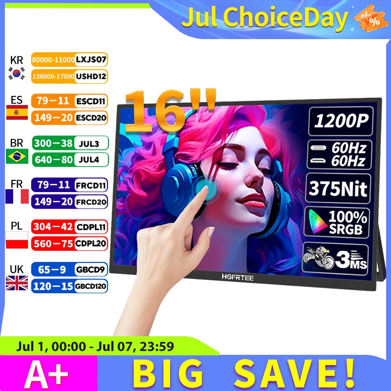 16" Portable Touch Monitor 1920x1200 FHD IPS Display for Laptop & Gaming