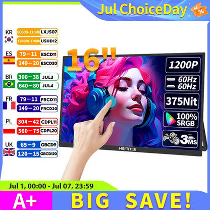 16" Portable Touch Monitor 1920x1200 FHD IPS Display for Laptop & Gaming