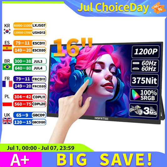 16" Portable Touch Monitor 1920x1200 FHD IPS Display for Laptop & Gaming