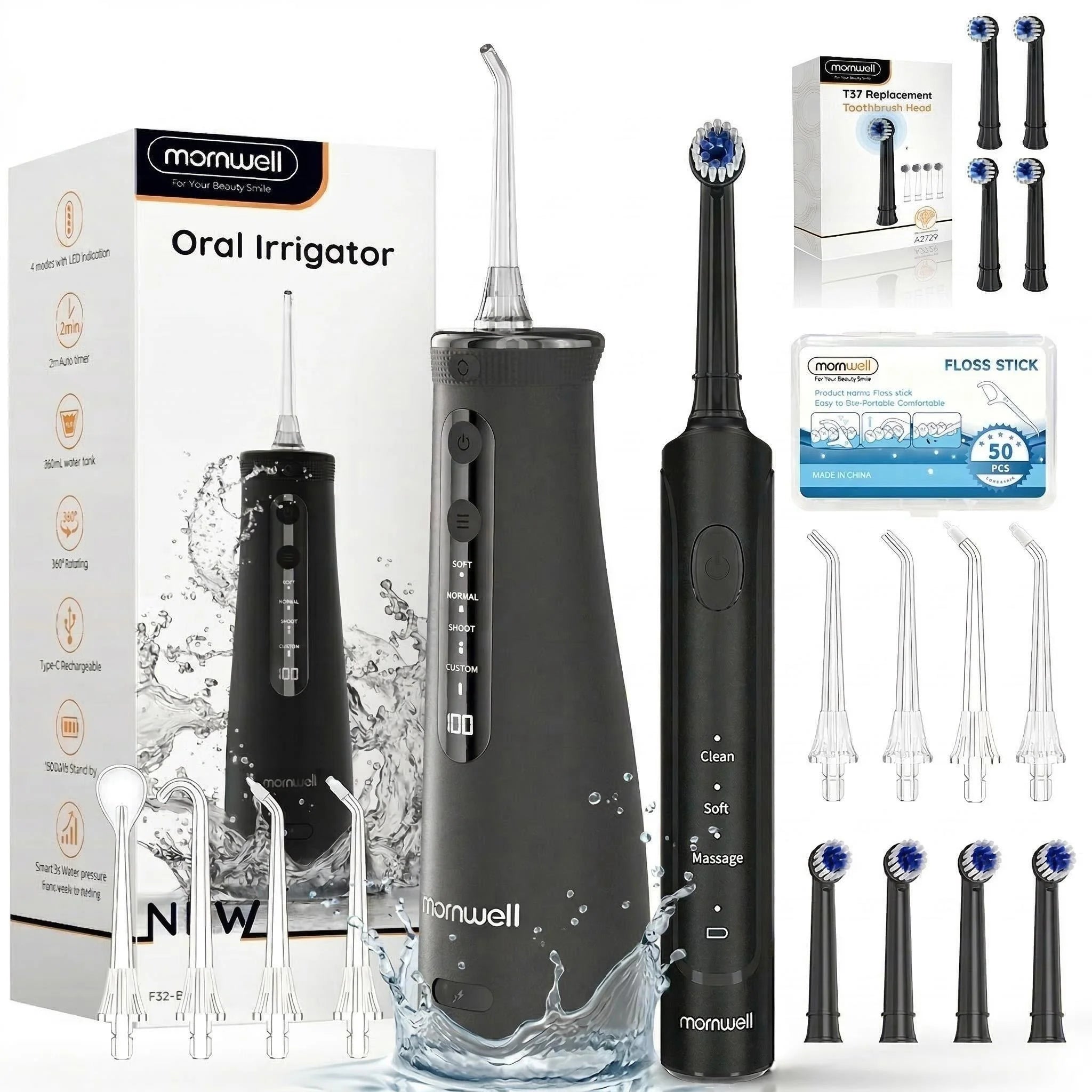 2-in-1 Electric Toothbrush and Water Flosser Combo with 4 Replaceable Heads - 1
