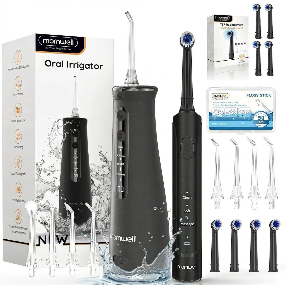 2-in-1 Electric Toothbrush and Water Flosser Combo with 4 Replaceable Heads