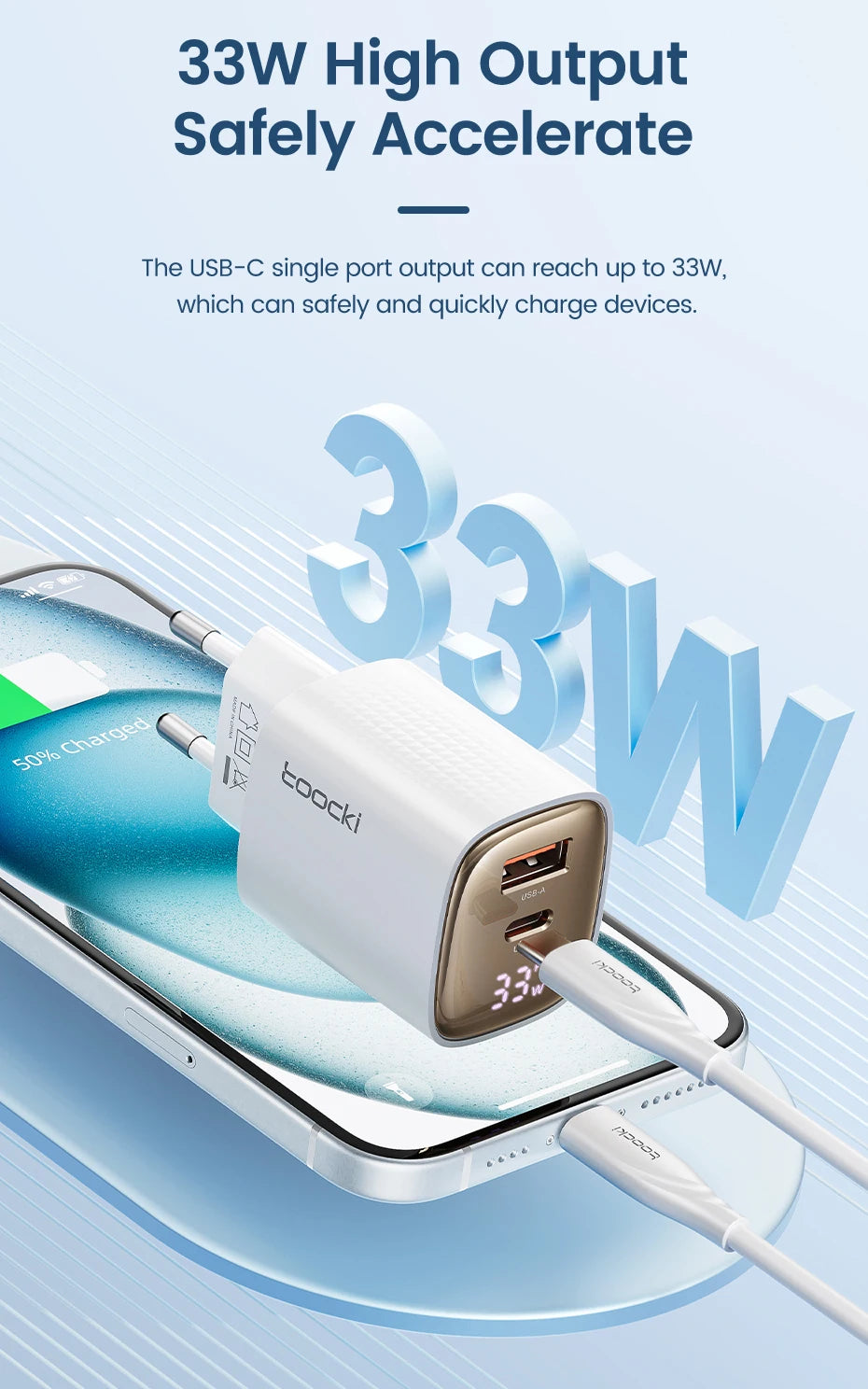33W GaN Digital Display Fast Charger - USB-C & USB-A Dual Port Power Adapter - 11