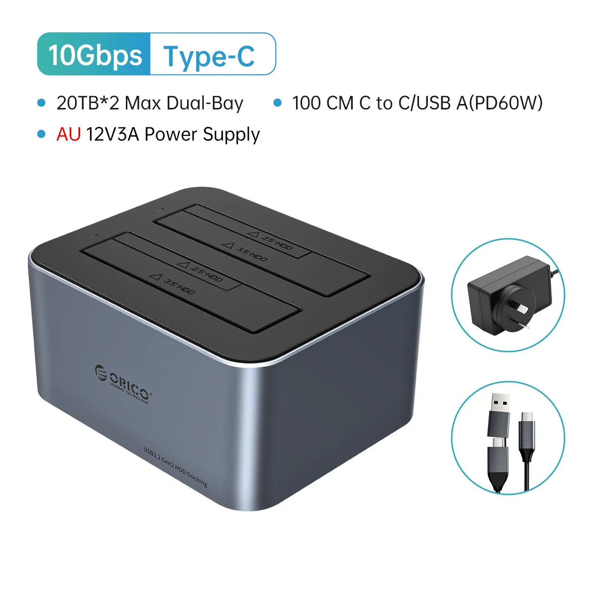 ORICO Dual-Bay Hard Drive Docking Station, 10Gbps Type-C for 2.5/3.5" HDD/SSD