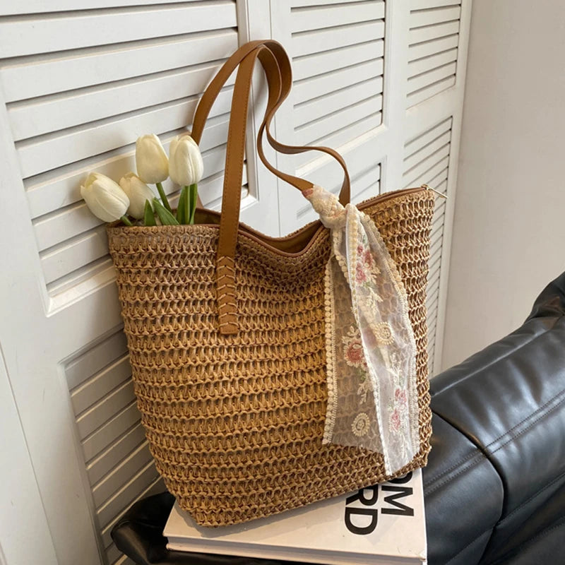 Lace Woven Straw Tote