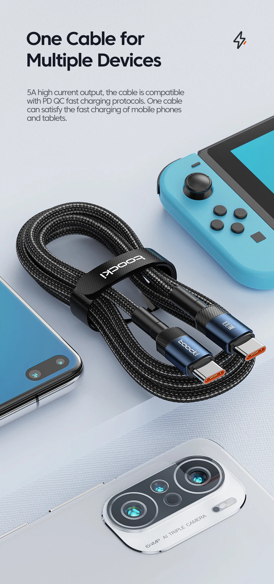 100W USB-C to USB-C Fast Charging Cable - 5A Power Delivery Cord - 10
