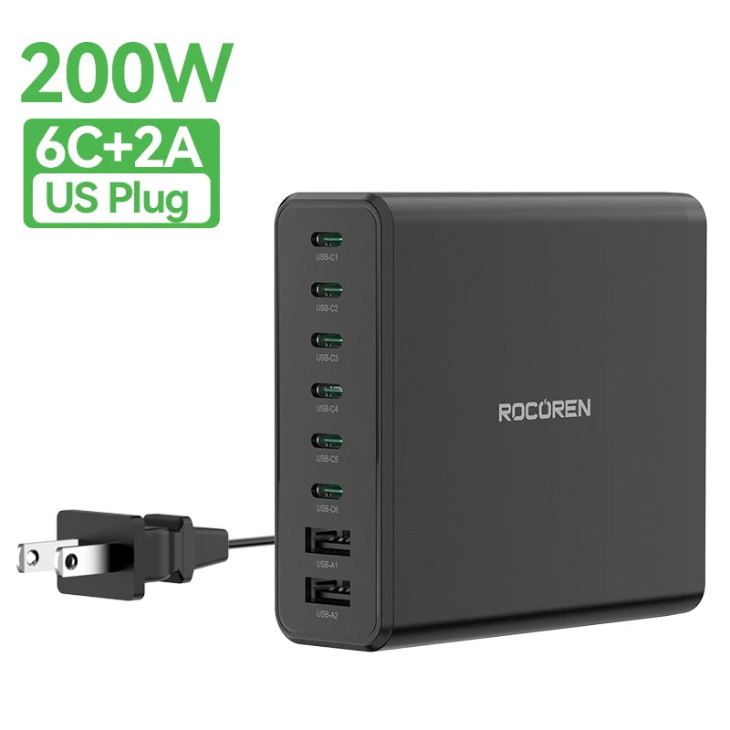 200W 8-Port USB-C Desktop Fast Charging Station for Laptops & Phones
