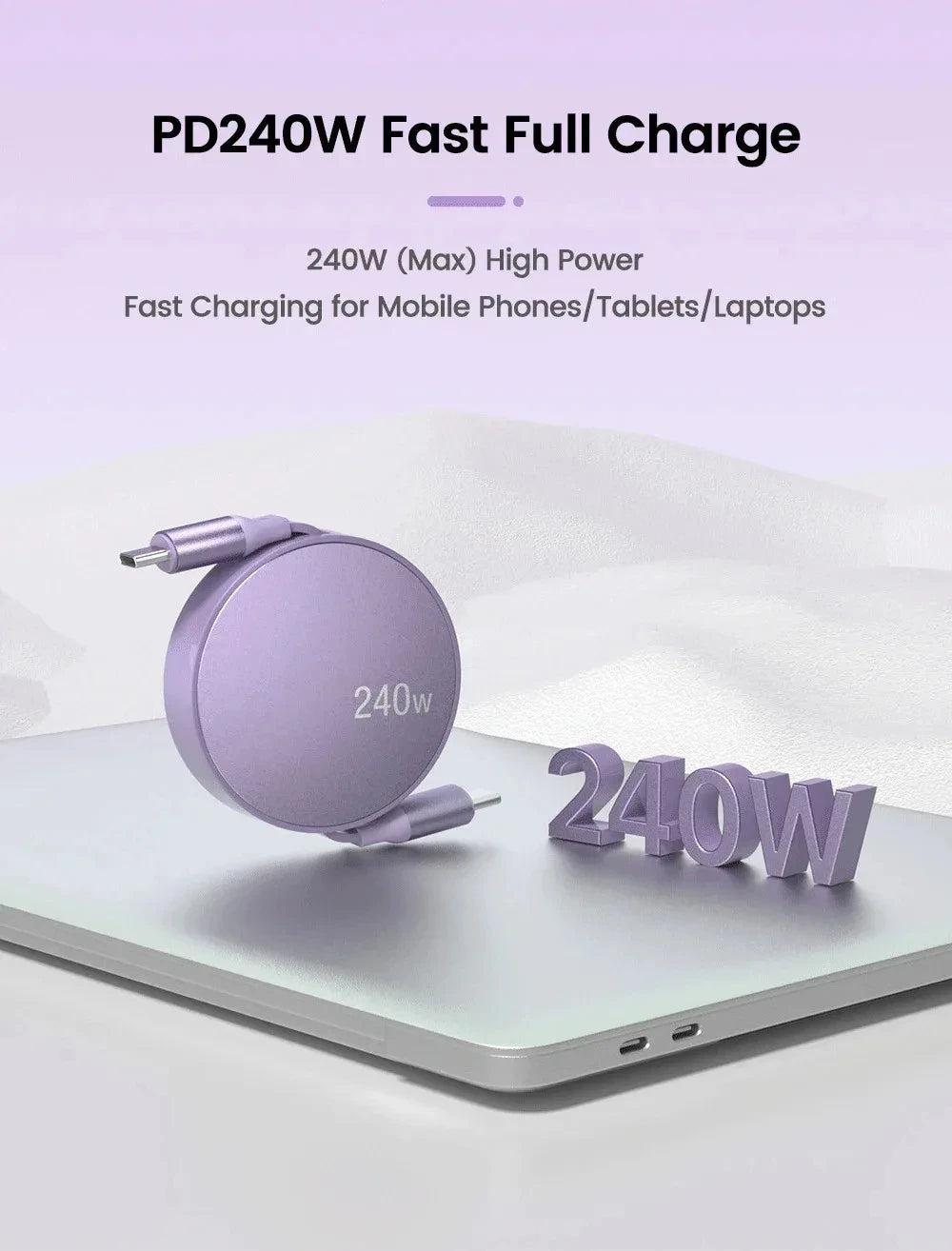 240W Retractable USB-C to USB-C Fast Charging & Data Cable - 10