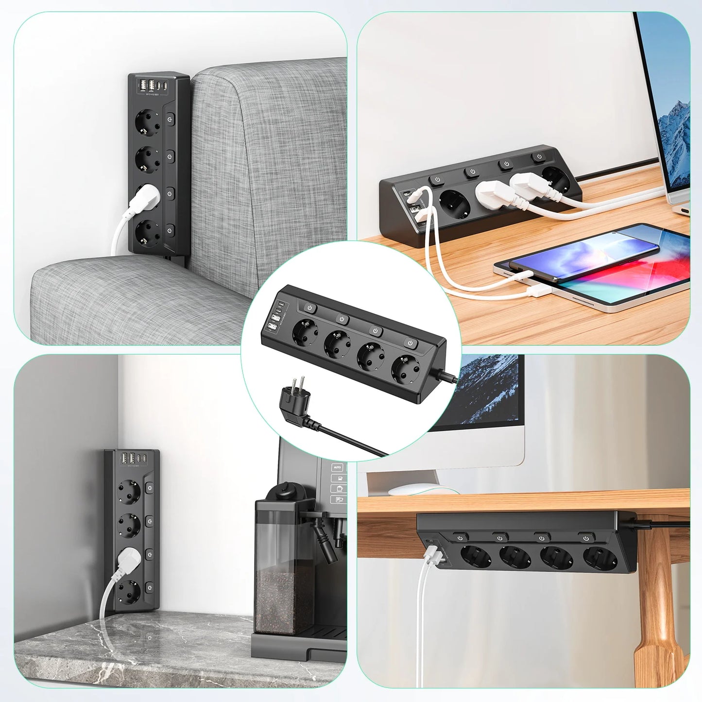 8-in-1 Corner Power Strip with USB-C & Fast Charging - 2m Extension Cord