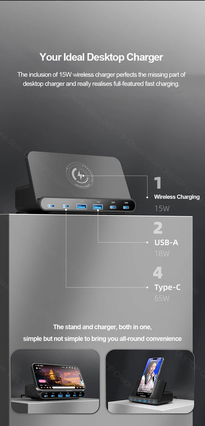 160W GaN Desktop USB Charging Station with 15W Wireless Charger