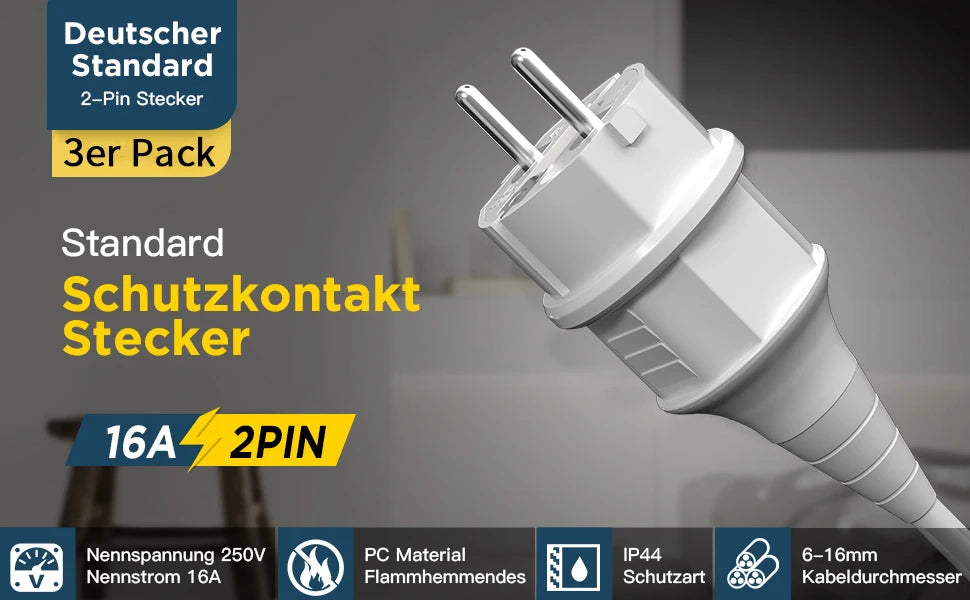IP44 Waterproof Schuko Plug - Heavy Duty 16A 250V Rewireable EU Power Connector