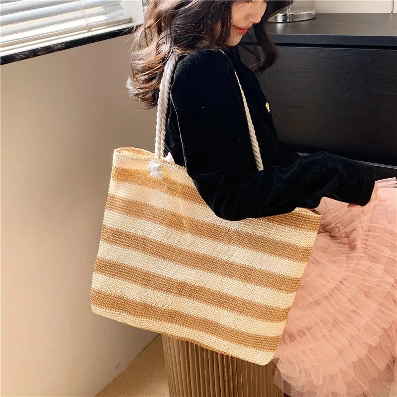 Luxury Striped Straw Beach Tote