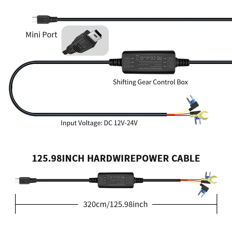 24H Dash Cam Hardwire Kit - USB Type-C & Mini USB Parking Monitor Cable