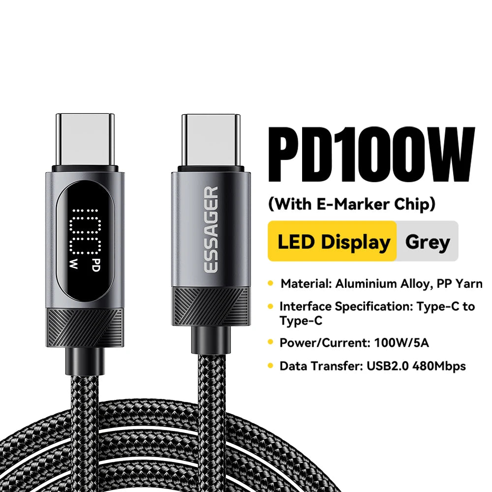 100W PD Fast Charging USB-C Cable with Digital Power Display - 40