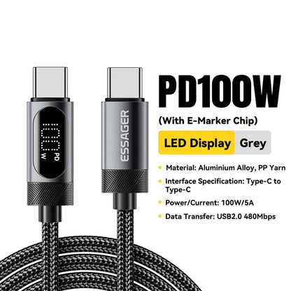 100W PD Fast Charging USB-C Cable with Digital Power Display