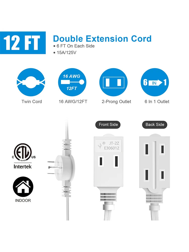 12ft Twin Extension Cord - Dual-Sided 6ft Power Splitter with Flat Plug - 2