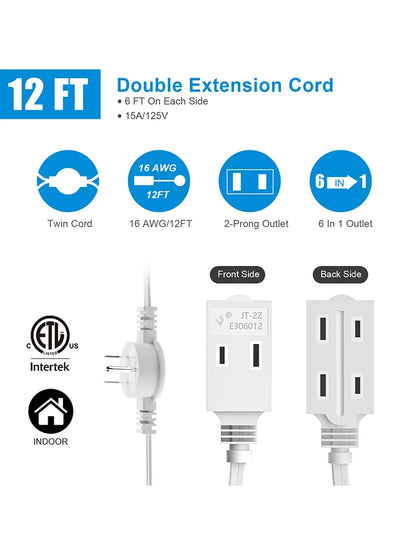 12ft Twin Extension Cord - Dual-Sided 6ft Power Splitter with Flat Plug