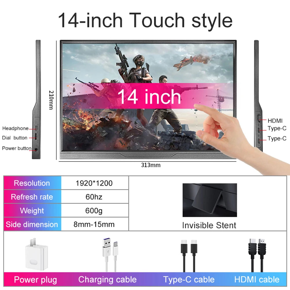14" Portable Touchscreen Monitor 1200P IPS USB-C External Display