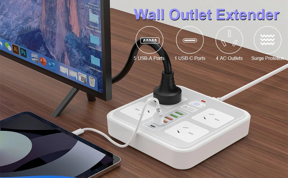 10-in-1 AU Power Board with 5 USB & 1 Type-C Ports – Surge Protected