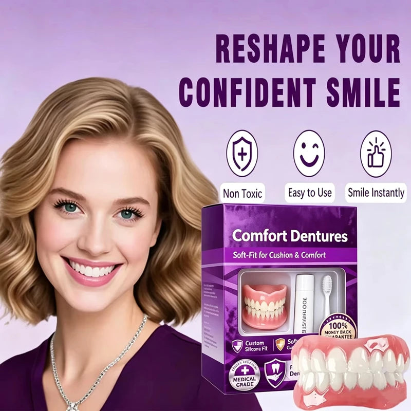Comfort Silicone Dentures Set - Natural Fit Instant Smile Cosmetic Teeth