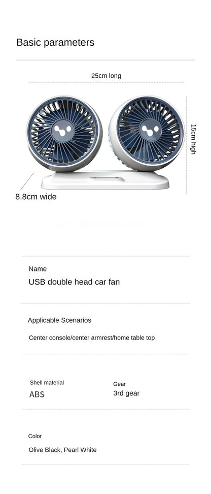 Dual Head USB Car Fan - 3-Speed 360° Adjustable Dashboard Fan