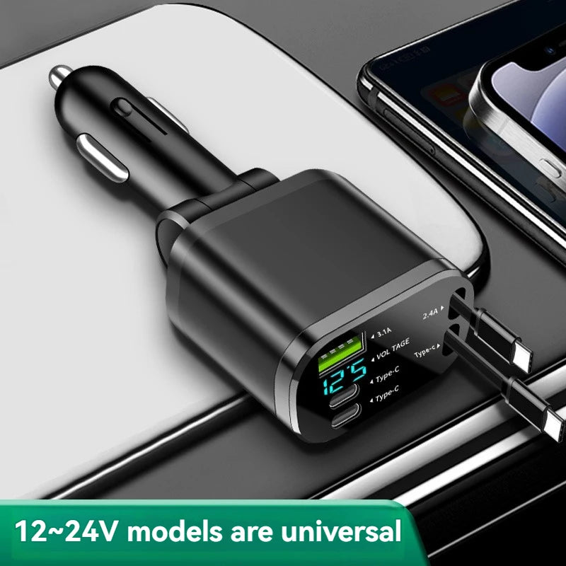 5-in-1 Retractable Car Charger - Fast PD Charging for All Devices