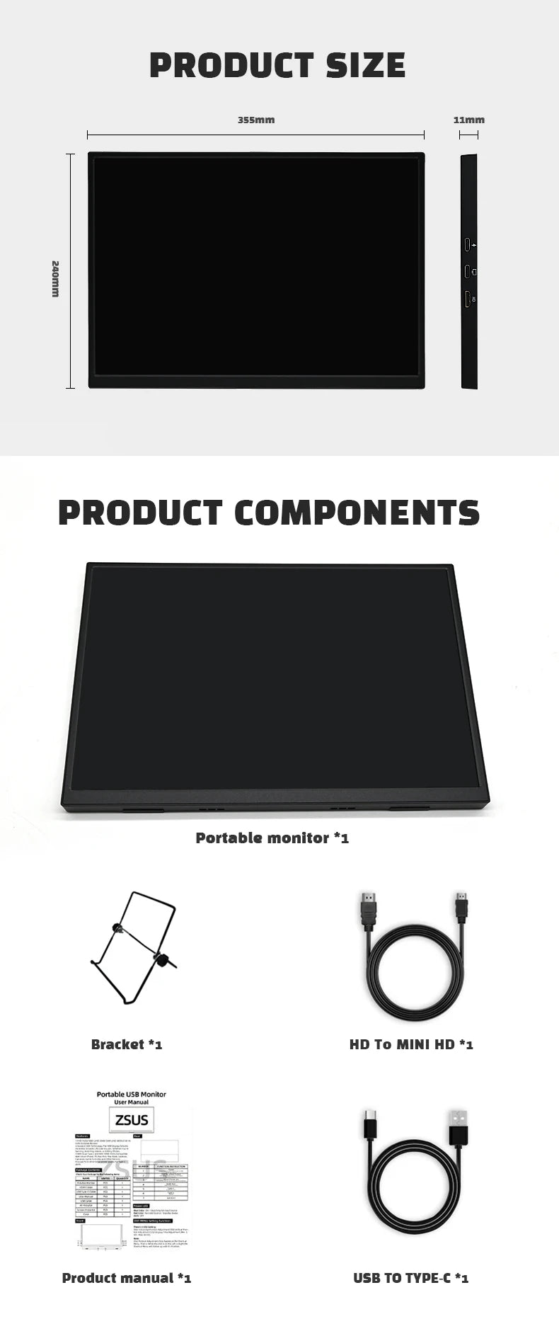 16" 2K Portable Monitor, 2560x1600 IPS HDR Display for Laptop & Gaming