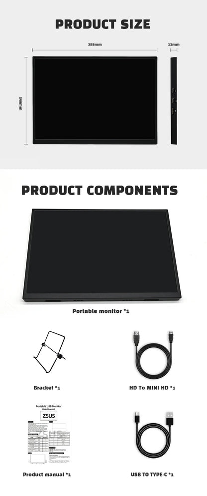 16" 2K Portable Monitor, 2560x1600 IPS HDR Display for Laptop & Gaming
