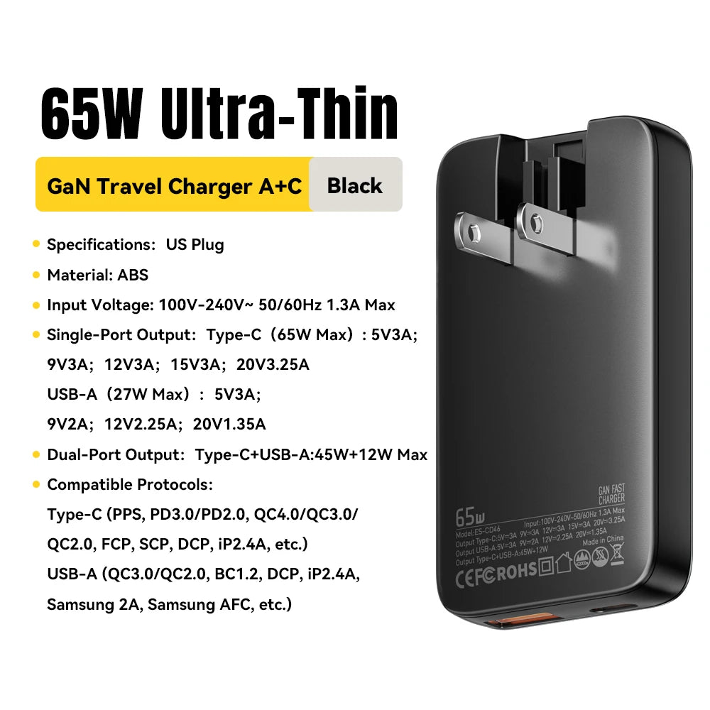65W Ultra-Thin GaN Fast Travel Charger - PD 3.0 Dual-Port Wall Adapter