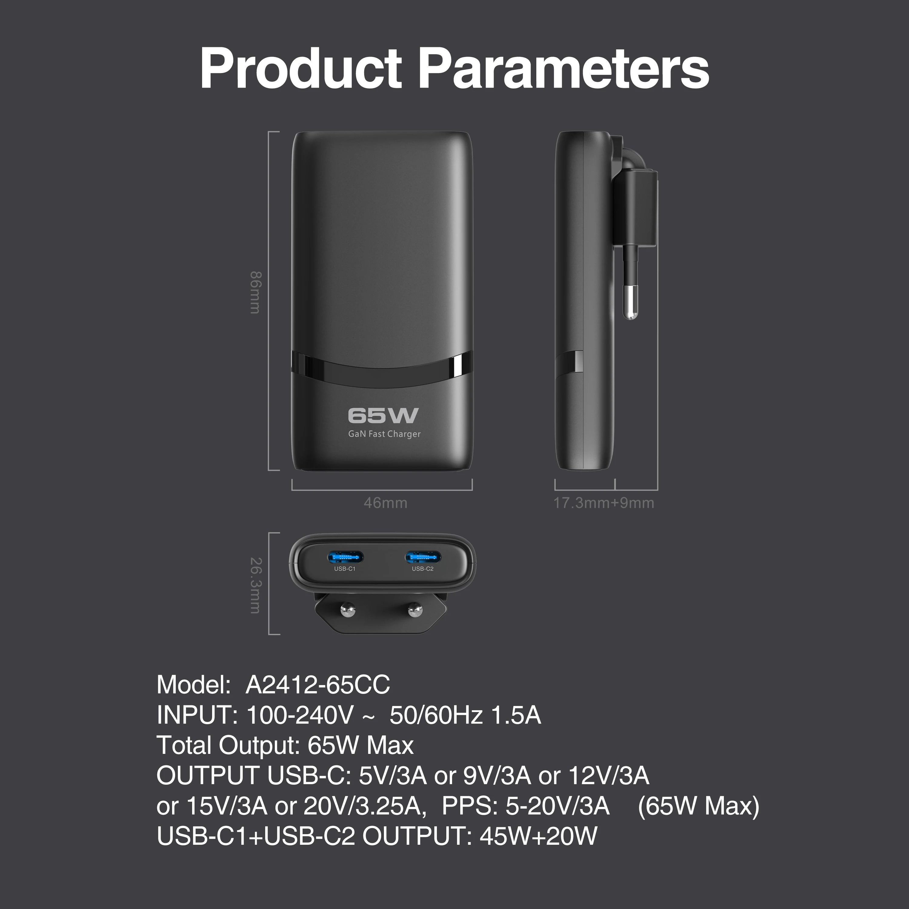 65W Ultra-Slim GaN Dual USB-C Fast Wall Charger for Laptop & Mobile - 6
