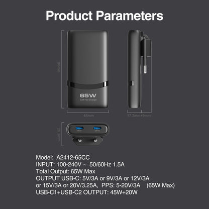 65W Ultra-Slim GaN Dual USB-C Fast Wall Charger for Laptop & Mobile