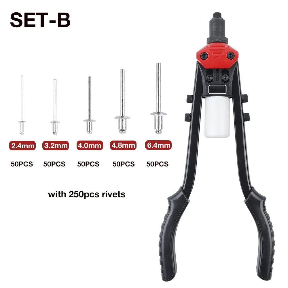 Heavy Duty Manual Pop Rivet Gun Kit - Hand Riveter with 250pcs Rivets & 5 Drill Bits - 8