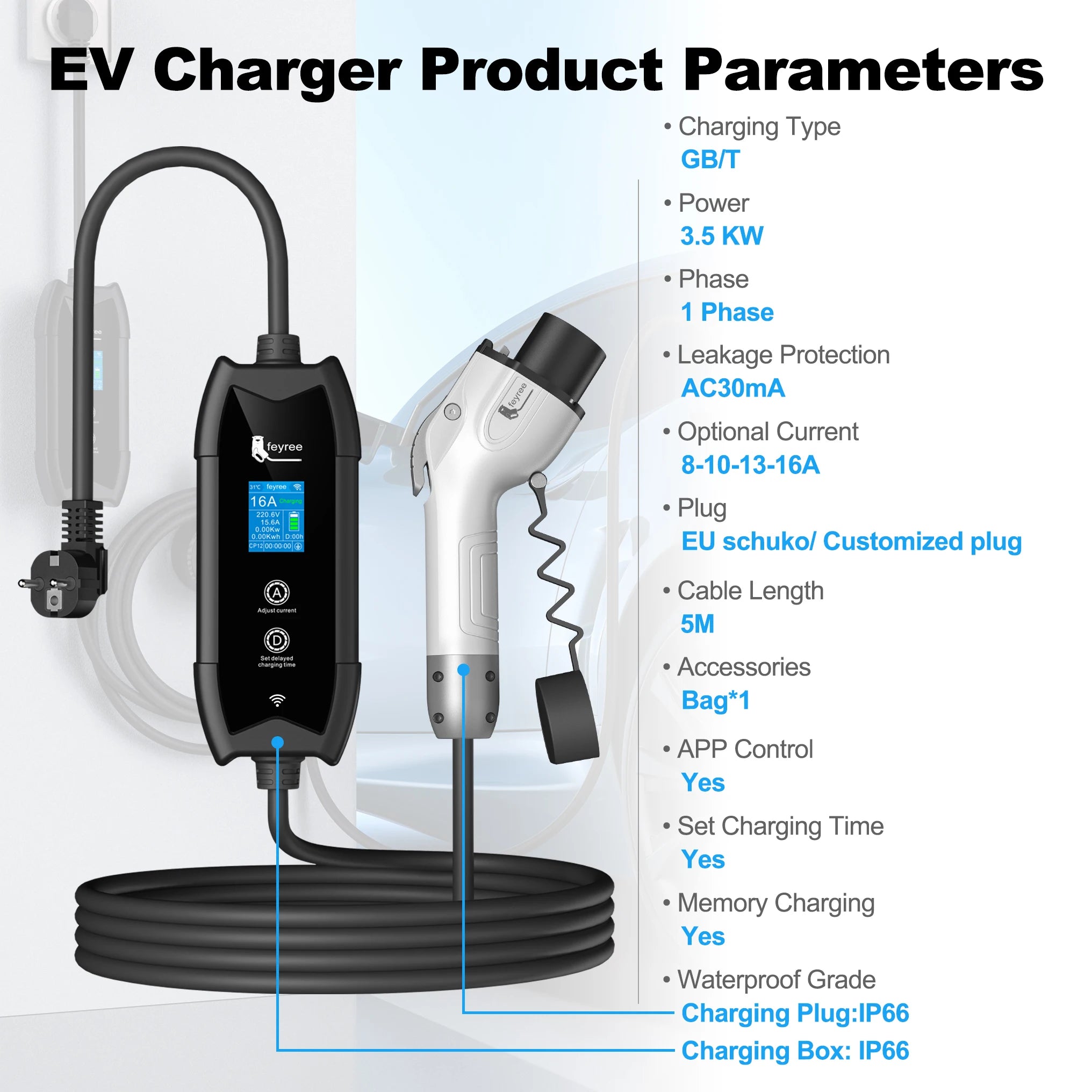 Portable 16A EV Charger with APP Control - 3.5KW Electric Vehicle Cable - 7