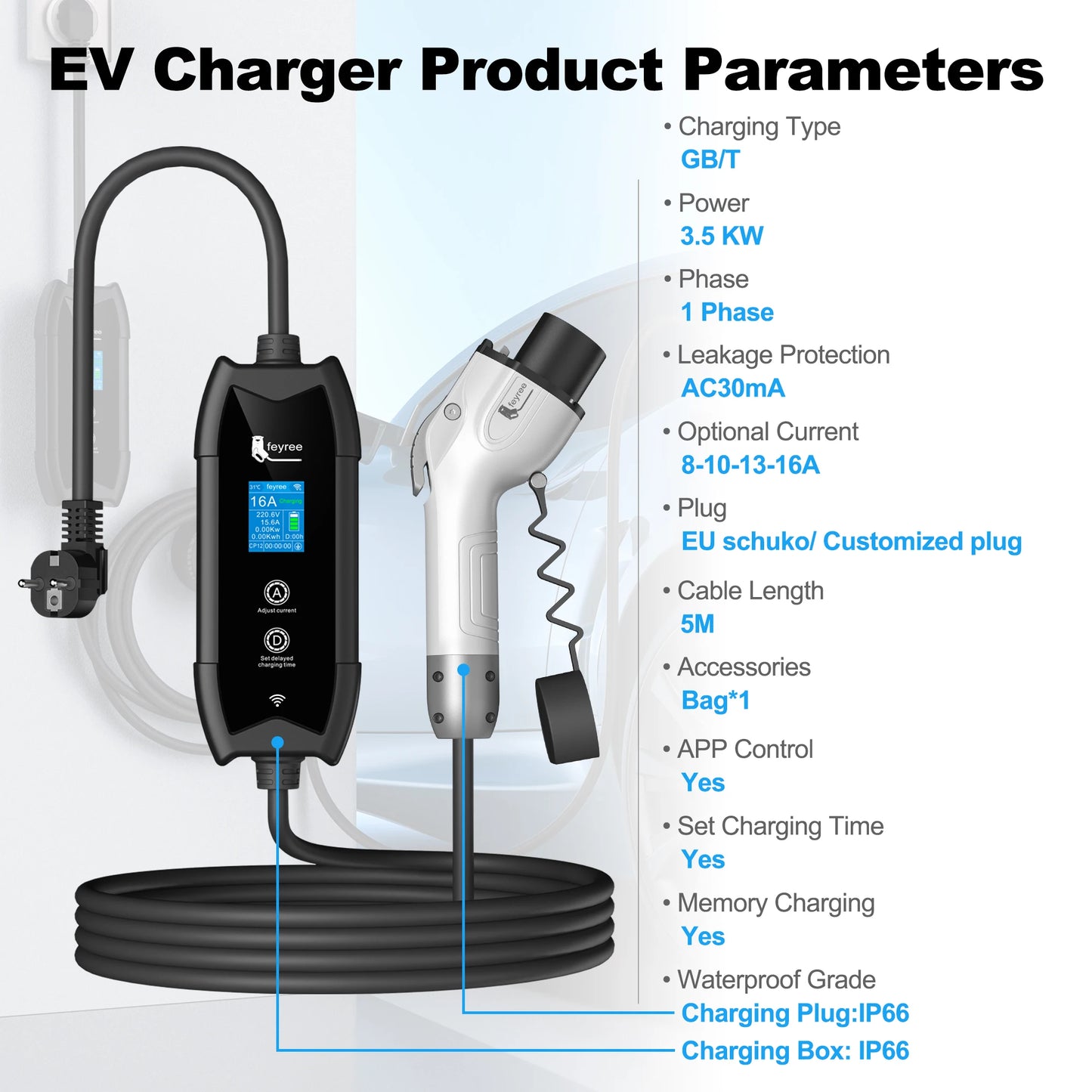 Portable 16A EV Charger with APP Control - 3.5KW Electric Vehicle Cable
