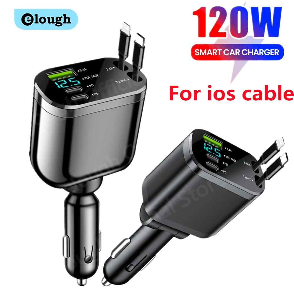 5-in-1 Retractable Fast Car Charger with LED Display - 120W Multi-Port