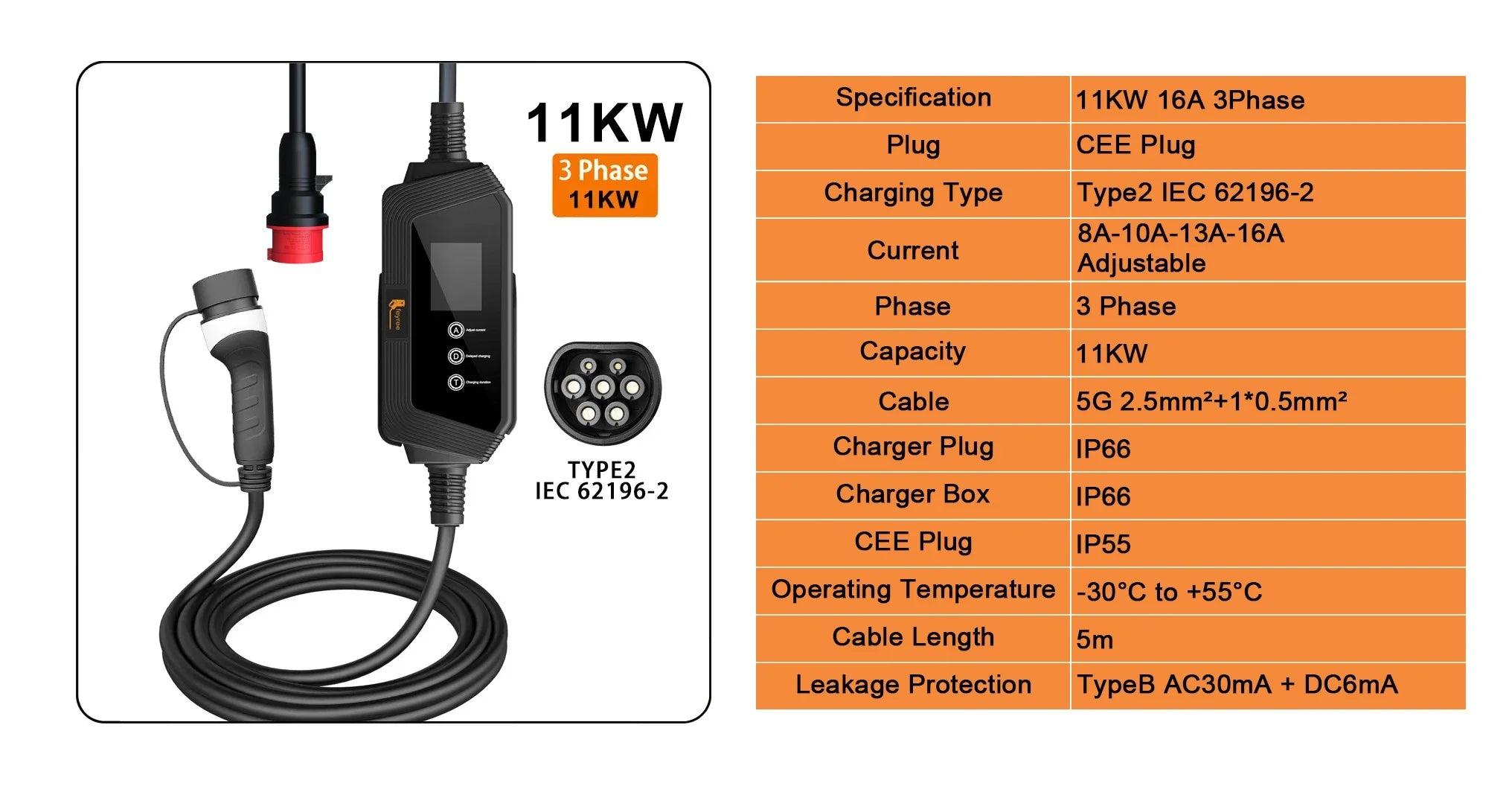 Portable Type 2 EV Charger - 7KW/11KW/22KW Fast Charging Cable - 10