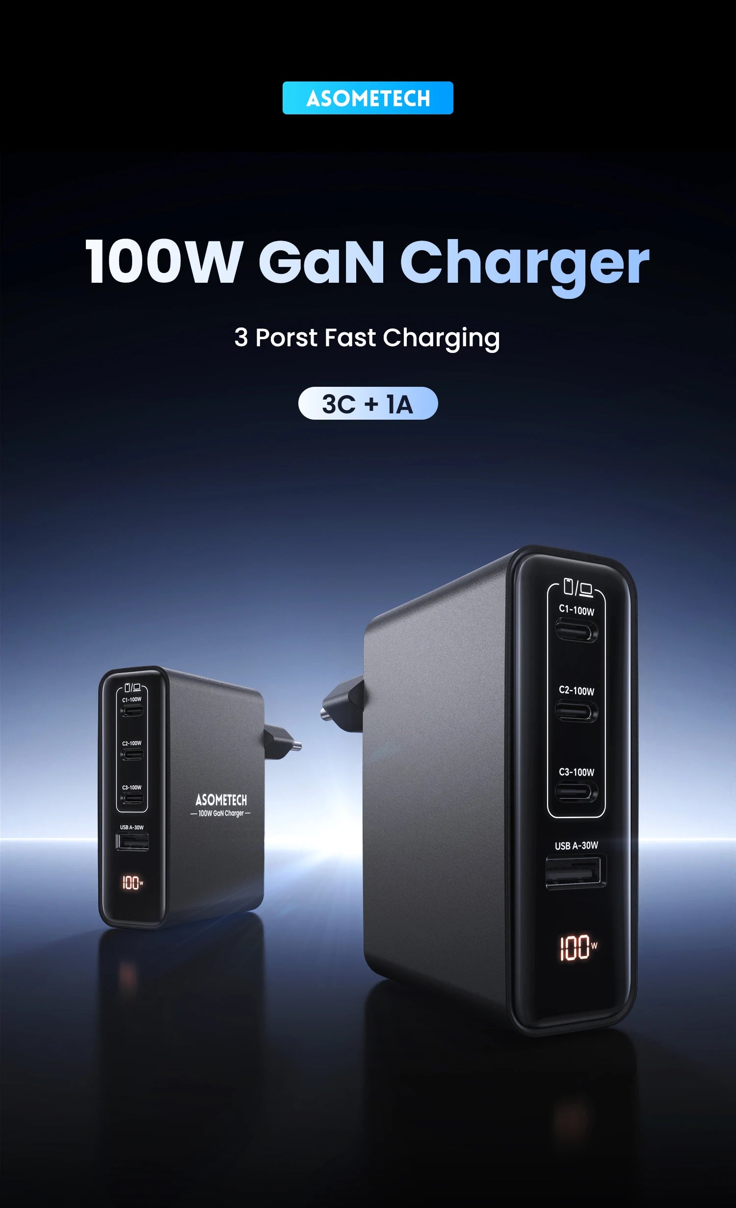 100W GaN 4-Port Fast USB-C Charger - PD 3.0 Laptop & Phone Power Adapter - 7