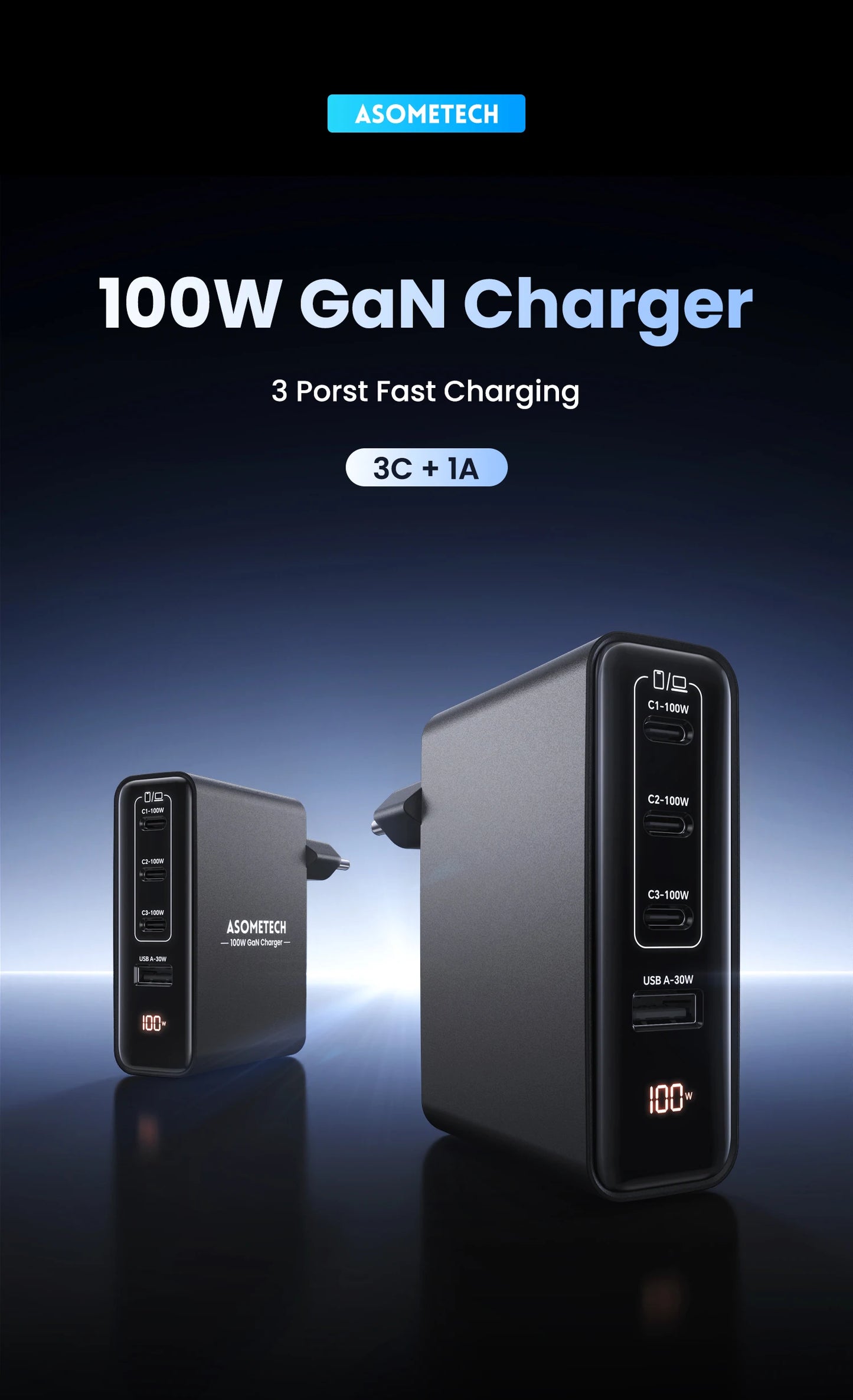 100W GaN 4-Port Fast USB-C Charger - PD 3.0 Laptop & Phone Power Adapter