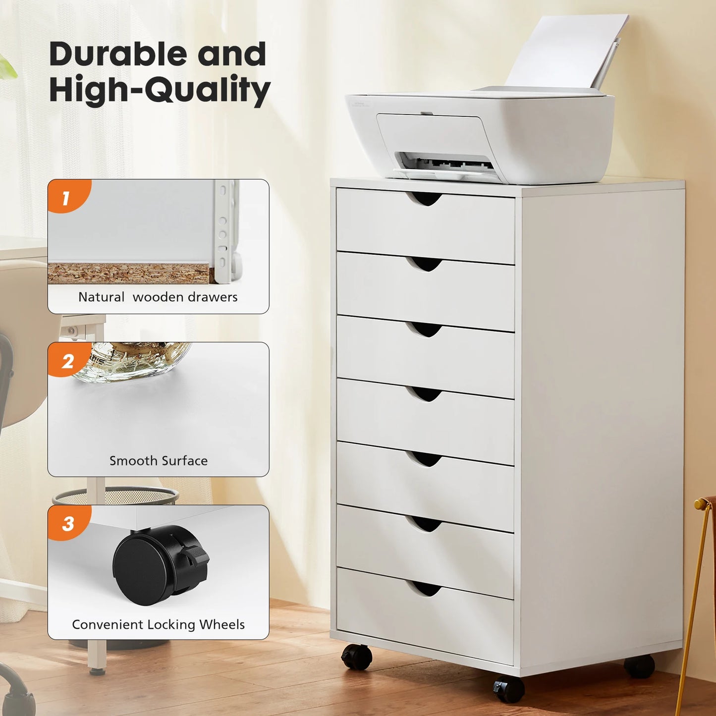 7-Drawer Rolling Storage Dresser - Mobile Wood Cabinet for Office & Bedroom