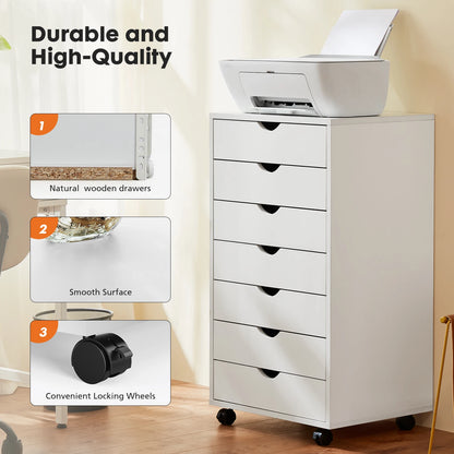 7-Drawer Rolling Storage Dresser - Mobile Wood Cabinet for Office & Bedroom