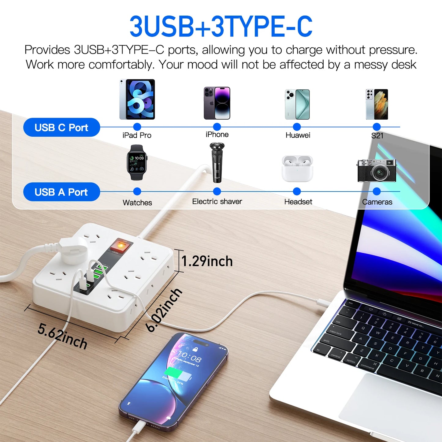 Australian Power Board: 12-Socket Extension Lead with 6 USB Fast Charger