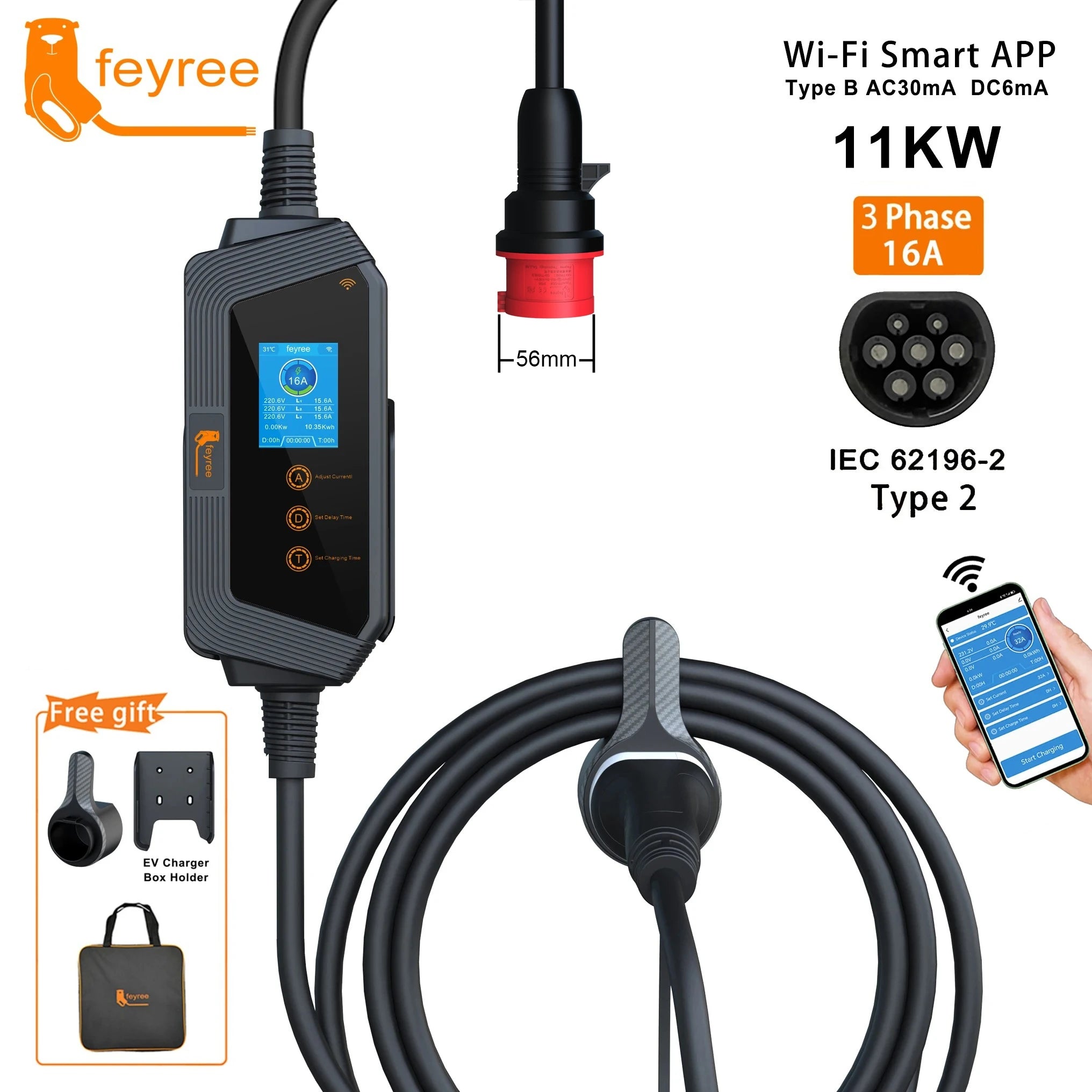 11KW Portable EV Charger Type 2, Wi-Fi App Control, 16A Fast Charging - 32