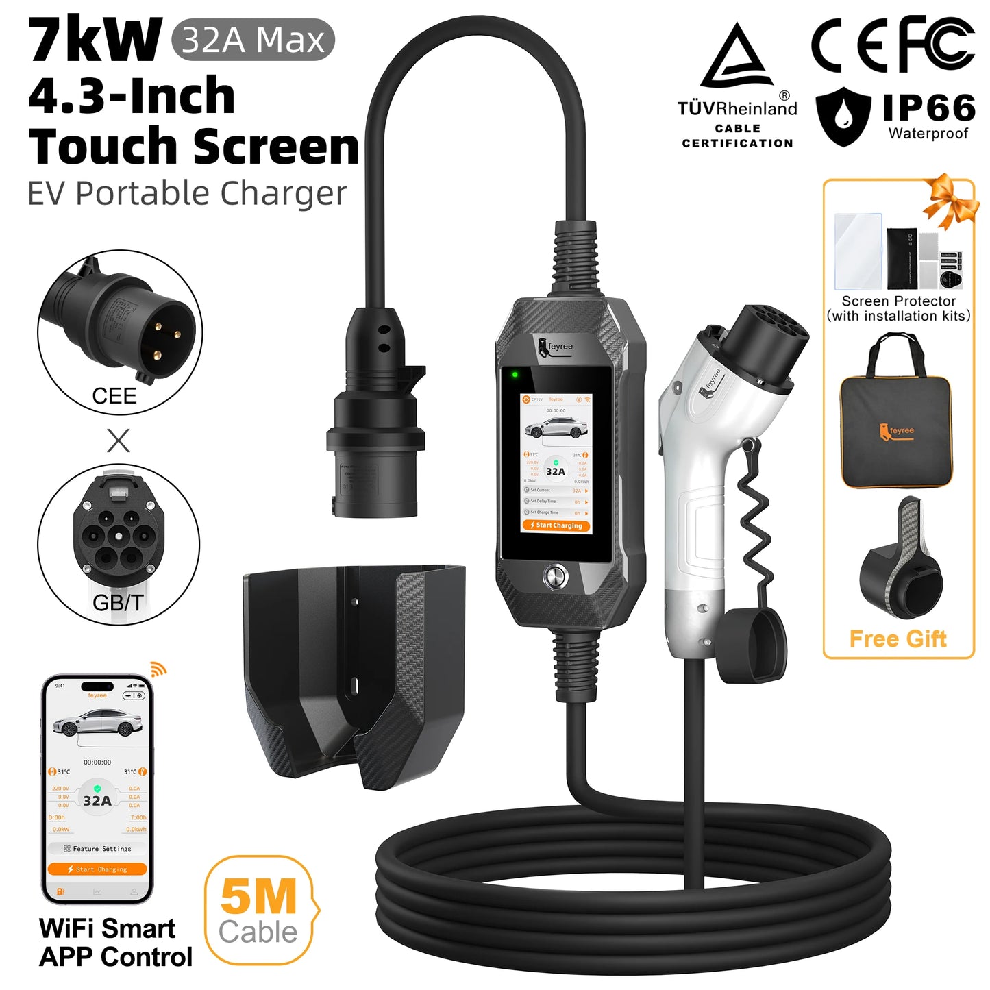 Portable 7kW EV Charger with 4.3" Touchscreen & Smart WiFi App Control