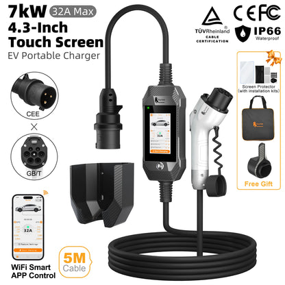Portable 7kW EV Charger with 4.3" Touchscreen & Smart WiFi App Control