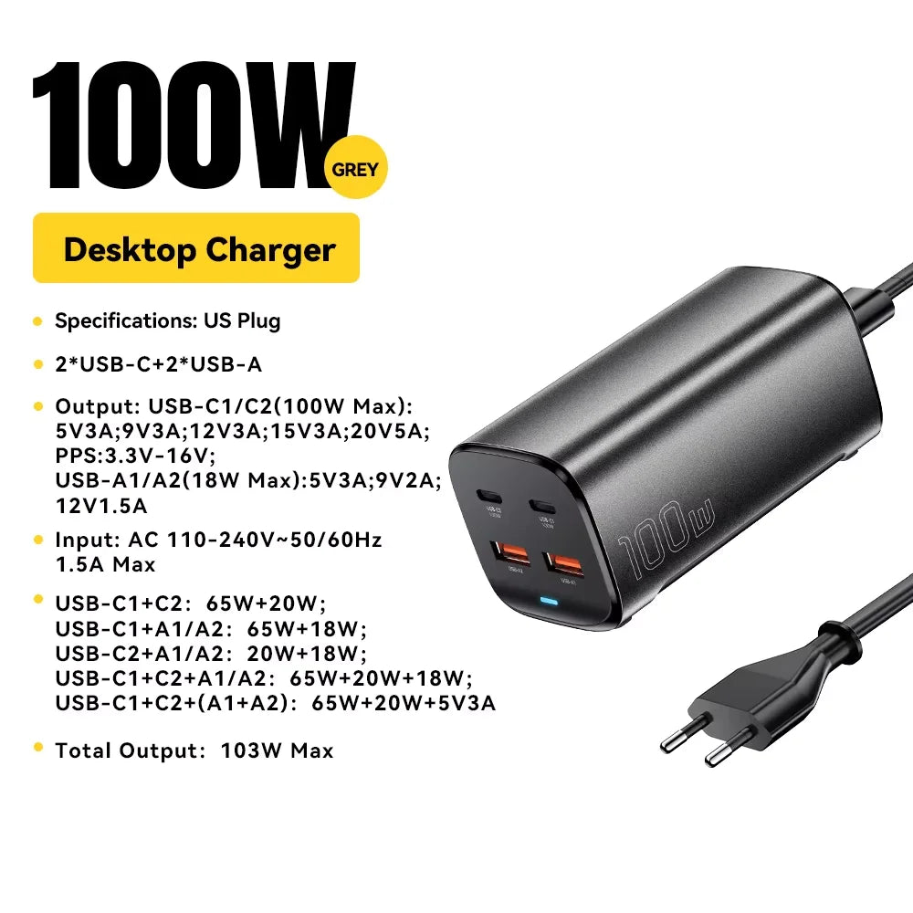 100W GaN Desktop Fast Charger - 4-Port USB-C PD Charging Station