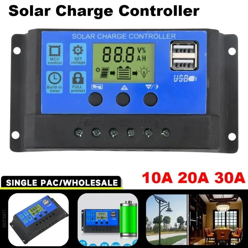 12V/24V PWM Solar Charge Controller with LCD Display & Dual USB Ports