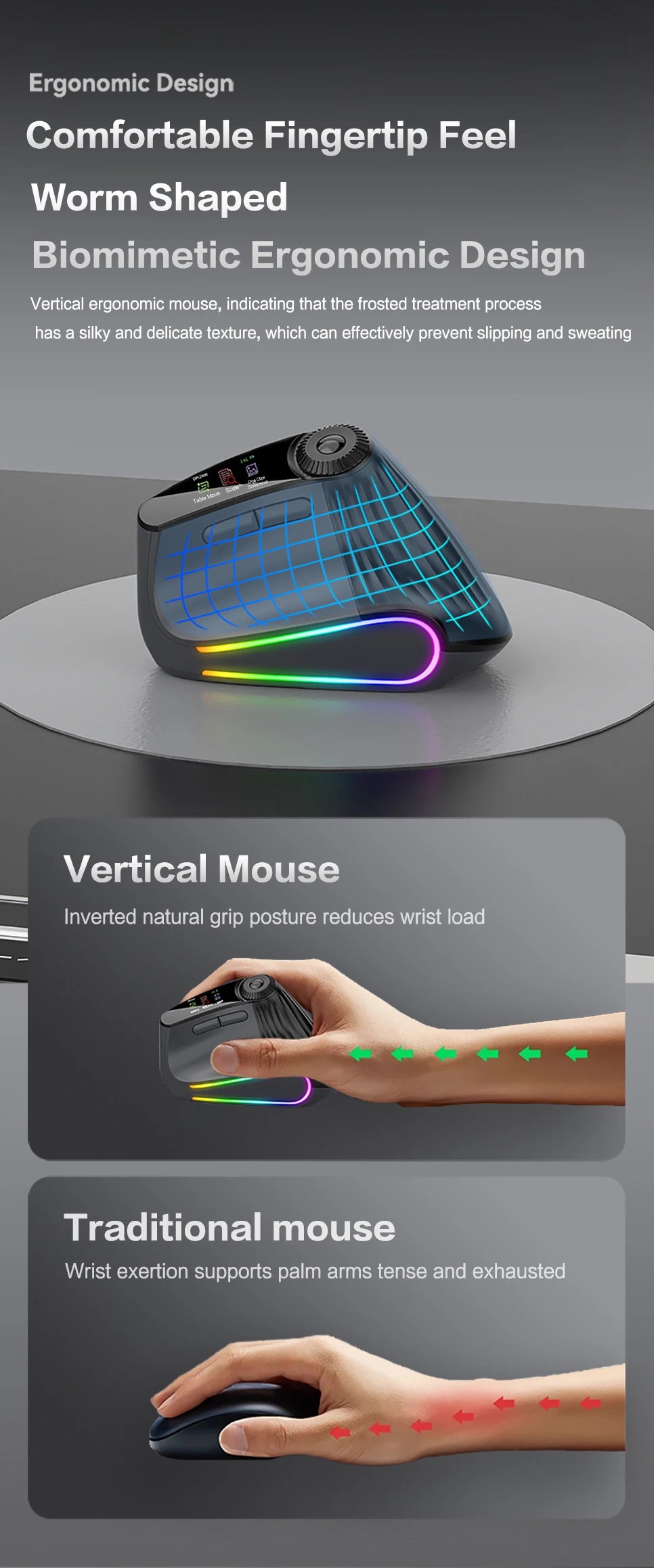 Ergonomic Wireless Vertical Mouse with RGB Backlight & Precision Knob