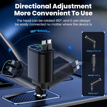 100W Retractable Fast Car Charger with USB & Type-C Digital Display