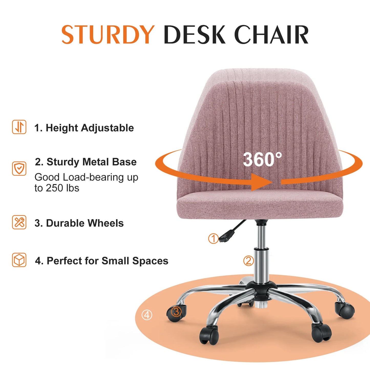 Modern Armless Swivel Desk Chair - Adjustable Height Vanity Task Chair
